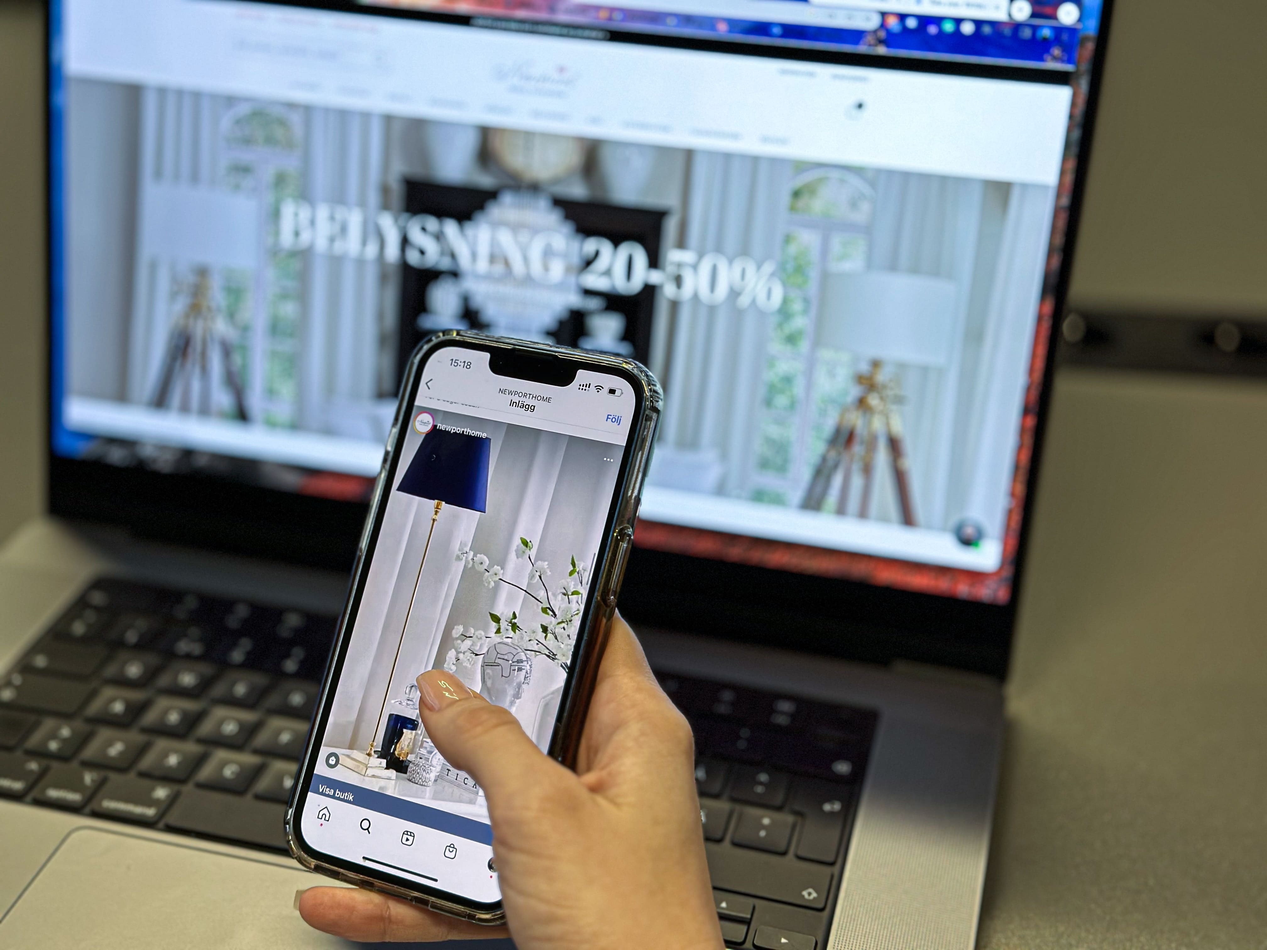 Product (a blue lamp) displayed on phone screen in the Instagram app.